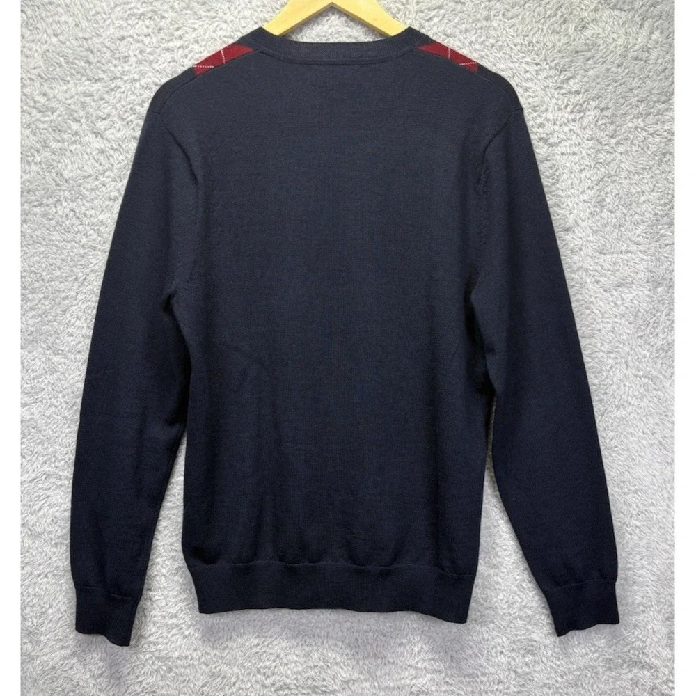 Banana Republic Mens M 100% Merino Wool Sweater Blue Red Argyle V Neck Preppy